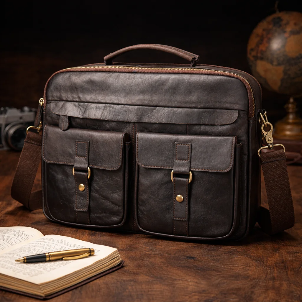 Men Crazy Horse Leather Briefcase Top Grain Cowhide Handbag Vintage Shoulder Crossbody Business Bag
