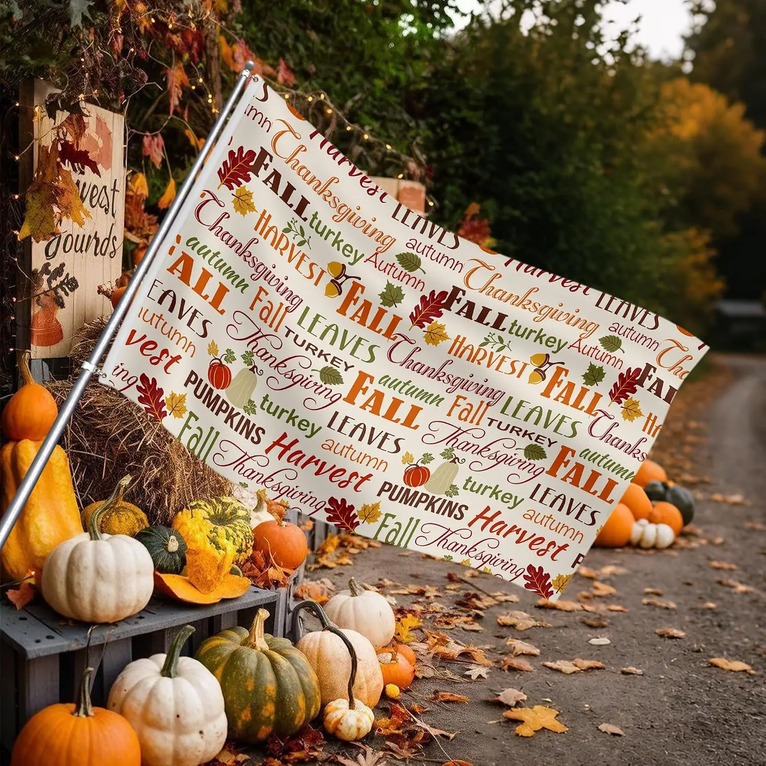 Fall Thanksgiving Garden Flag 3x5 Ft Double Sided 3 Layers, Autumn Pumpink Harvest Maple Leaves Holiday