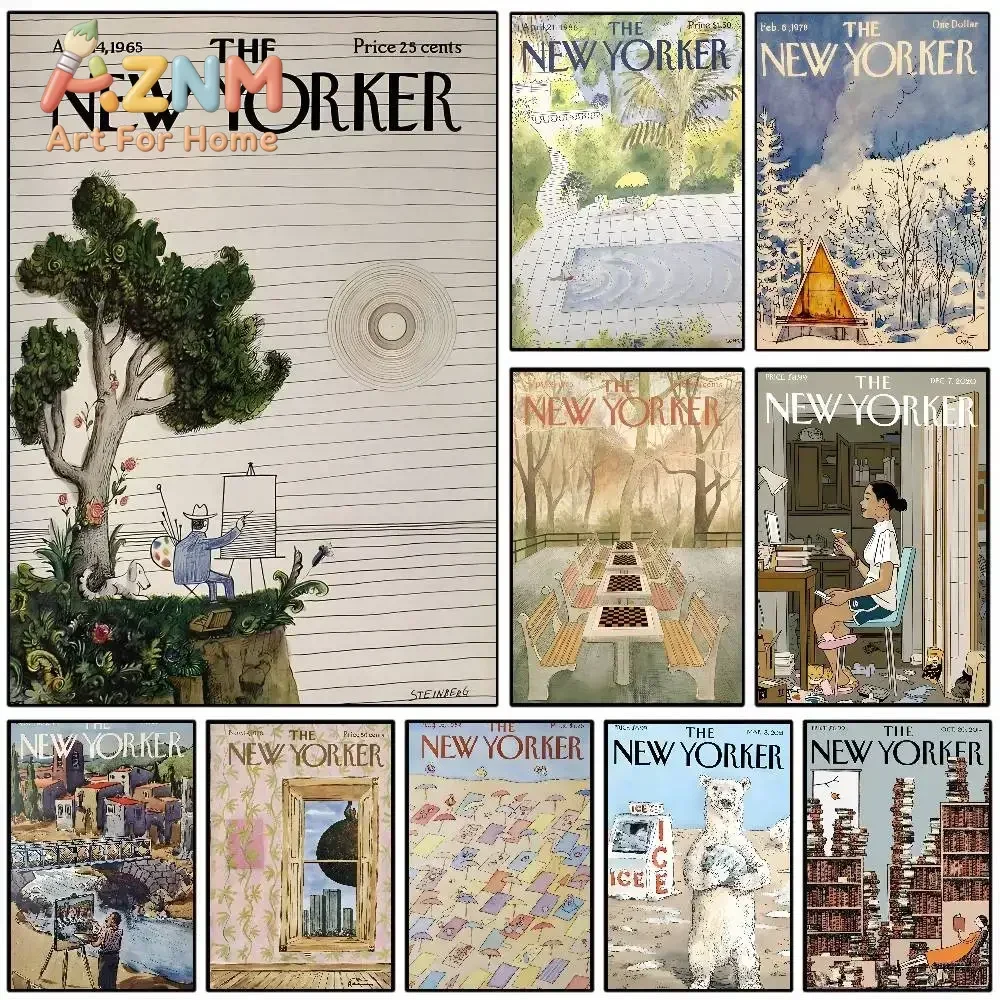 AZNM Frameless Canvas Wall Art, The New Yorker Vintage Magazine Cover Print, Decor for Study Office Bedroom Retro Art Wall