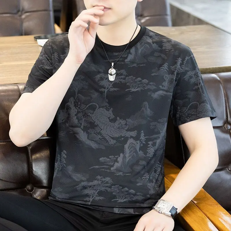 Men's Ice Silk Thin Fit Round Neck Short Sleeve T-Shirt Cooling Chinese Style Landscape Ink Wash Summer European Inspired Top​