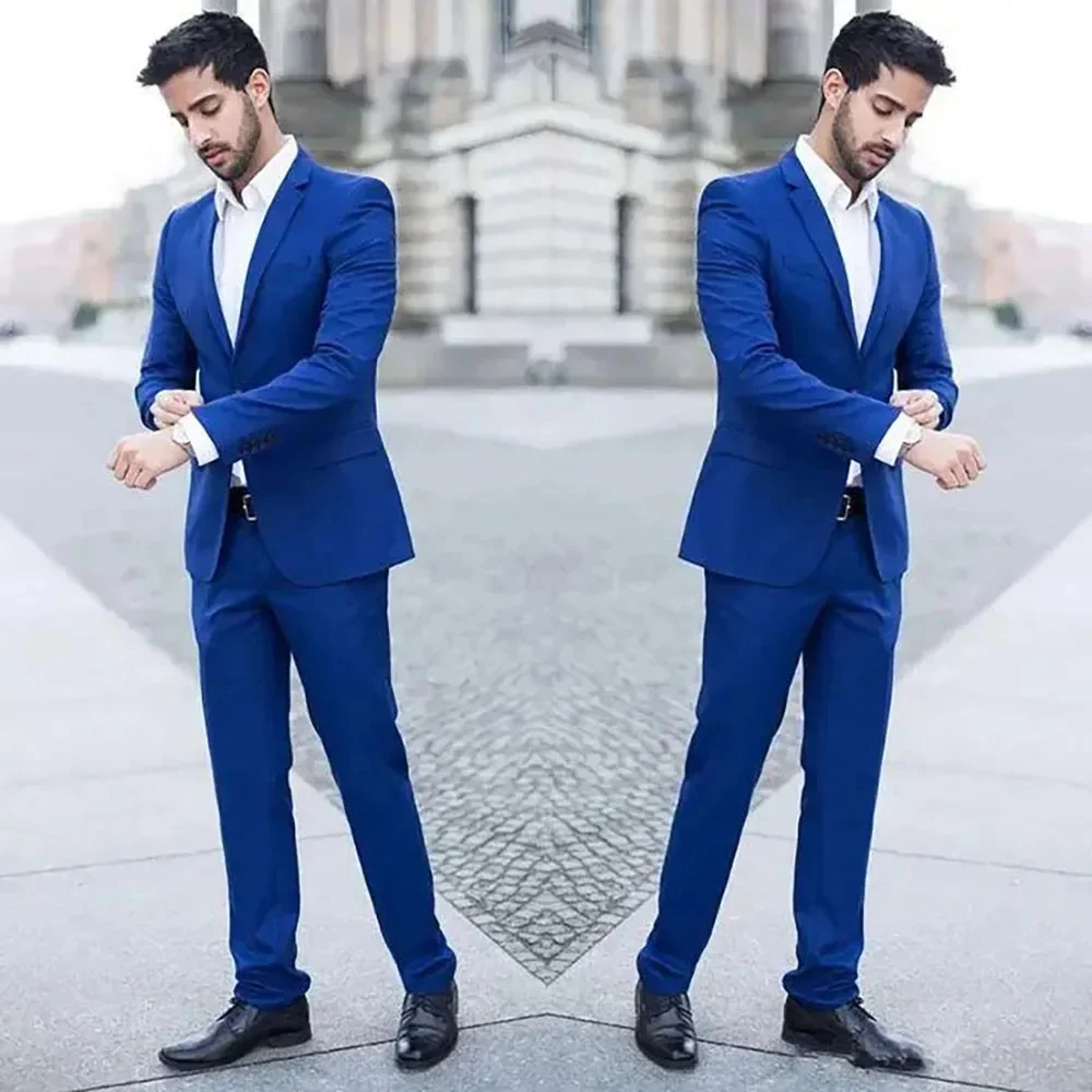 

High Quality Royal Blue Single Breasted Men Suits Wedding Groomsmen 2 Piece Jacket Pants Full Sets High Quality Blazer