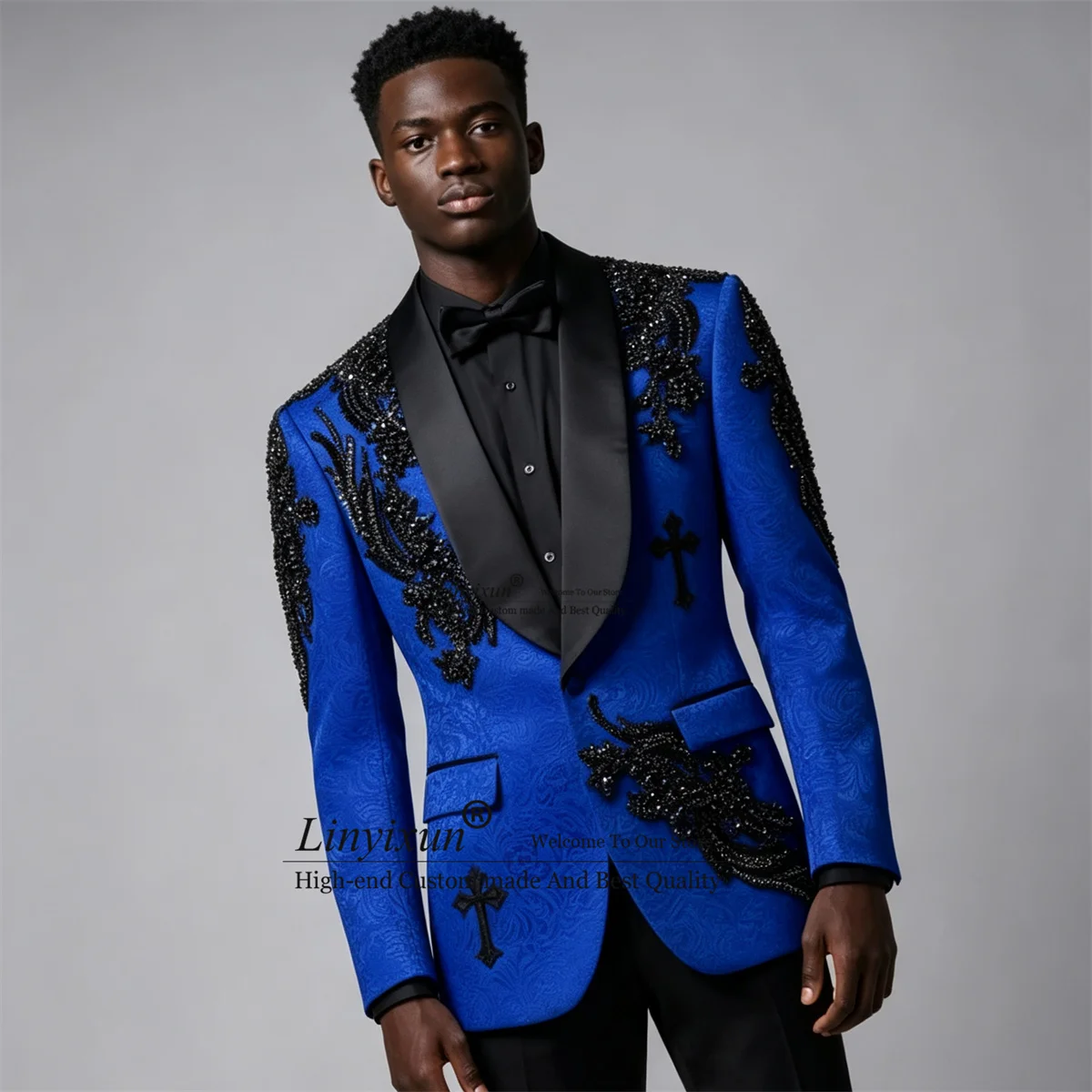 Customized Appliques Men Suits Luxury Diamond Tuxedo Slim Fit Groom Party Male Blazers 2 Pieces Sets Wedding Party Costume Homme
