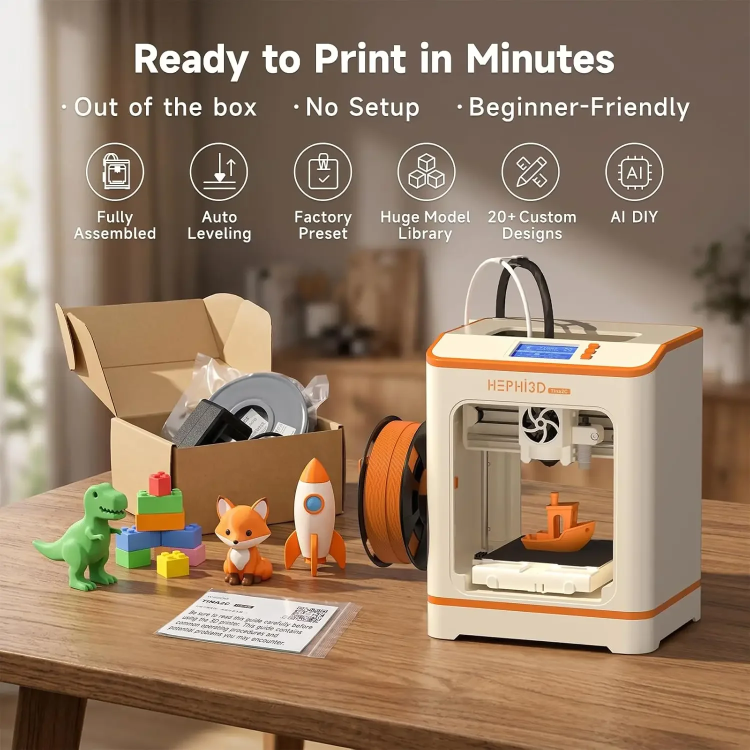 Bestseller TINA2C 3D Printer With WiFi Cloud Print, Fully Assembled Mini 3D Printer For Beginners And Kids, Auto Leveling, 3000+