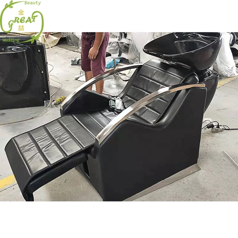 Hot sale modern beauty hair salon washing bed reclining pu leather shampoo chair with ceramic bowl