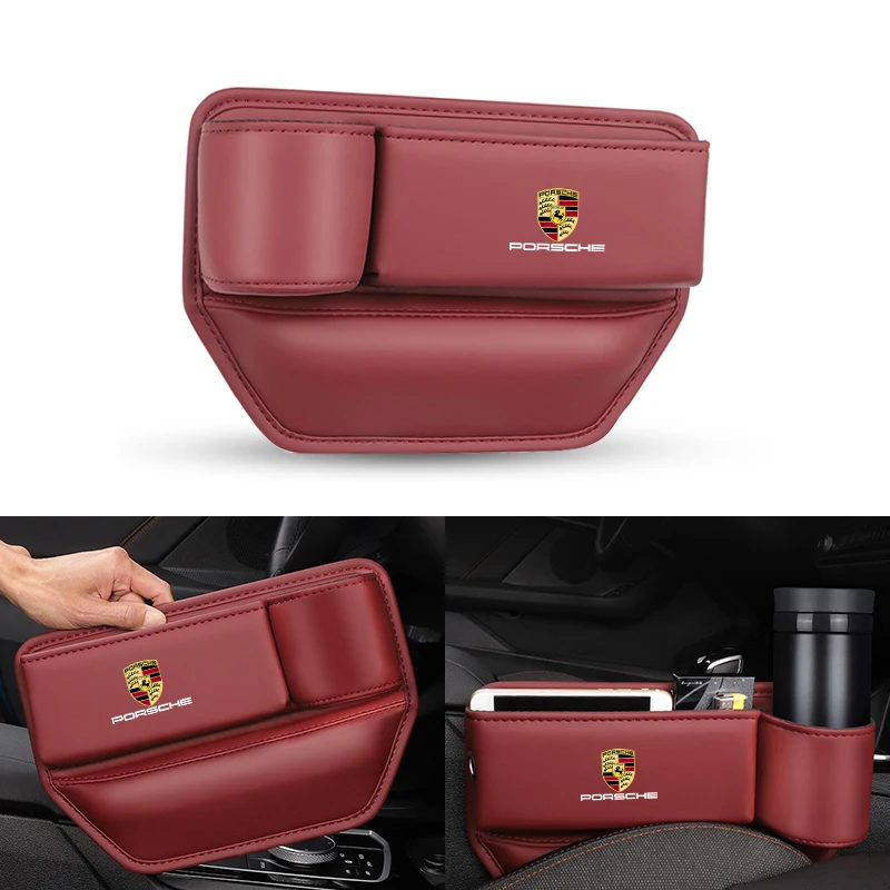 Car Seat Gap Leather Storage Box Water Cup Phone Brace Auto Accessories For Porsche Cayenne Panamera Macan 911 718 Taycan Cayman