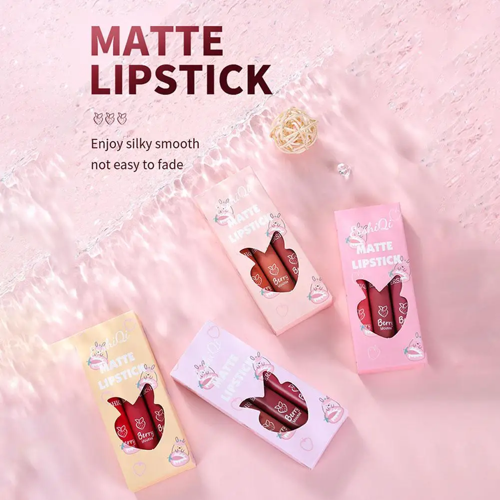 Batom Matte Non-Sticky Mist, Hidratante à prova d'água, Brilho labial de veludo, Copo antiaderente, Maquiagem para mulheres, 3 peças