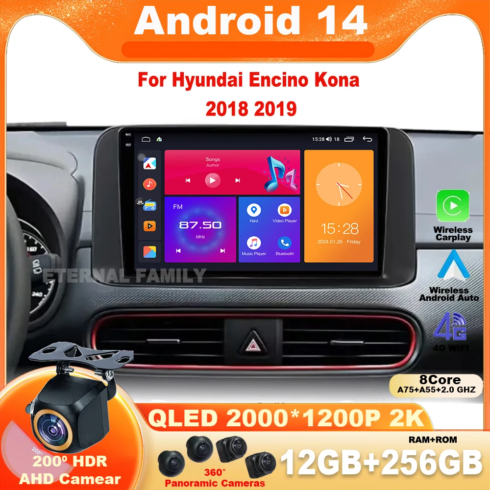 Navigation GPS Android 14 for Hyundai Encino Kona 2018 2019 Car Radio Multimedia Player 5G WiFi Auto Carplay Stereo Head Unit