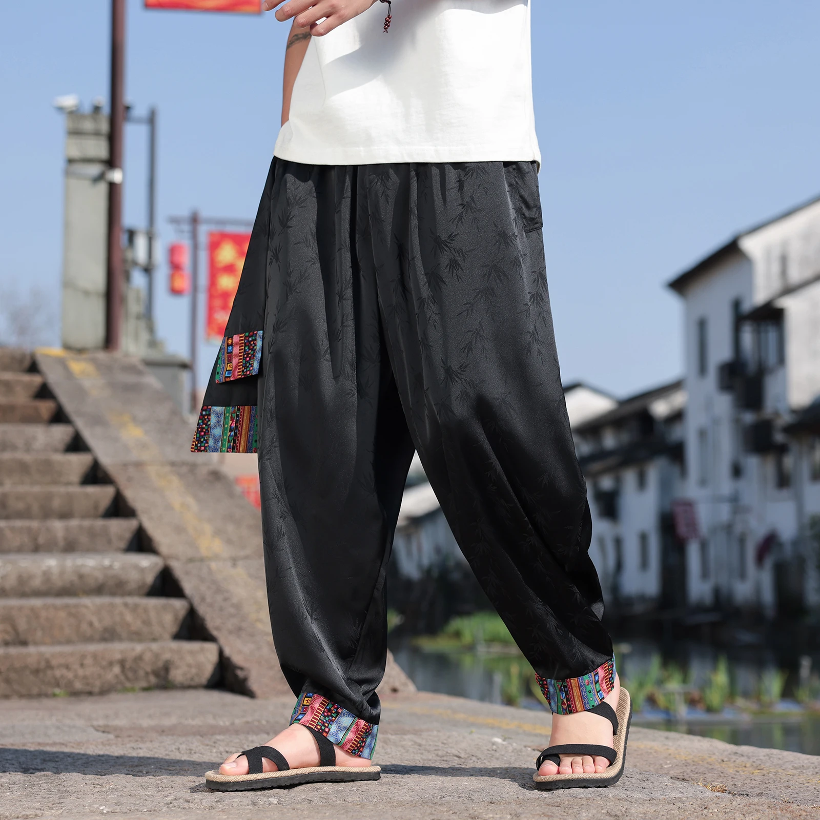 

Брюки из ледяного шелка с узором в виде листьев, мужские повседневные шаровары, свободные модные широкие брюки, новое летнее кимоно, дышащие удобные брюки для мужчин