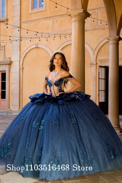 Strapless Ruffled Ball Gown Crystal Sequin Embroidery and Slightly Transparent Tulle Corset Quinceanera dress Customised