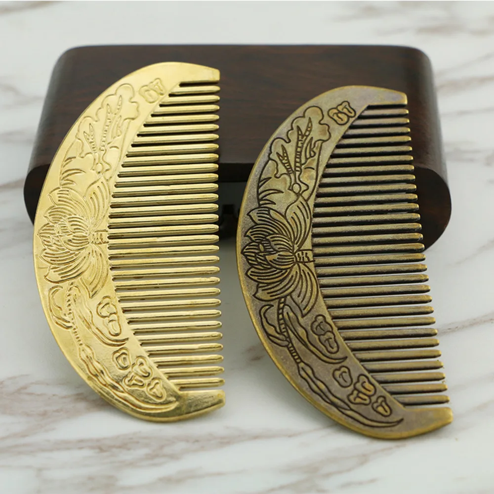 

Bronze Collection Vintage Copper Engraving Health Care Brass Comb Anti-static Lotus Copper Comb to Figure Lettering Opening Gift