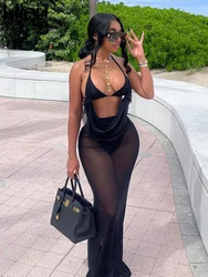 Kliou Mesh Sexy Hot 2 Piece Set Women Summer New See Through Halter Swinging Neck Tops+Solid Long Skirts Female Midnight Outfits