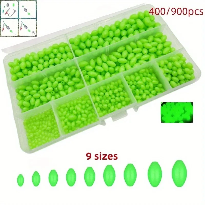 /400/900 조각 미끼 올리브 비즈 형광 야간 조명 플라스틱 미끼 비드 세트 충돌 방지 비즈 및 보호 비즈 포함