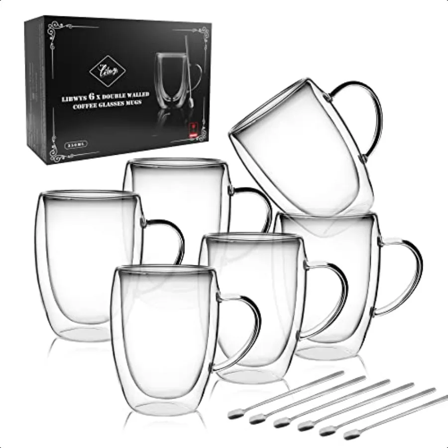 

LIBWYS 6 Pack Double Walled Coffee Cups Glasses Mugs 12oz Espro Cappino Latte Tea Cups with Handle Heat Resistant Borosilicate