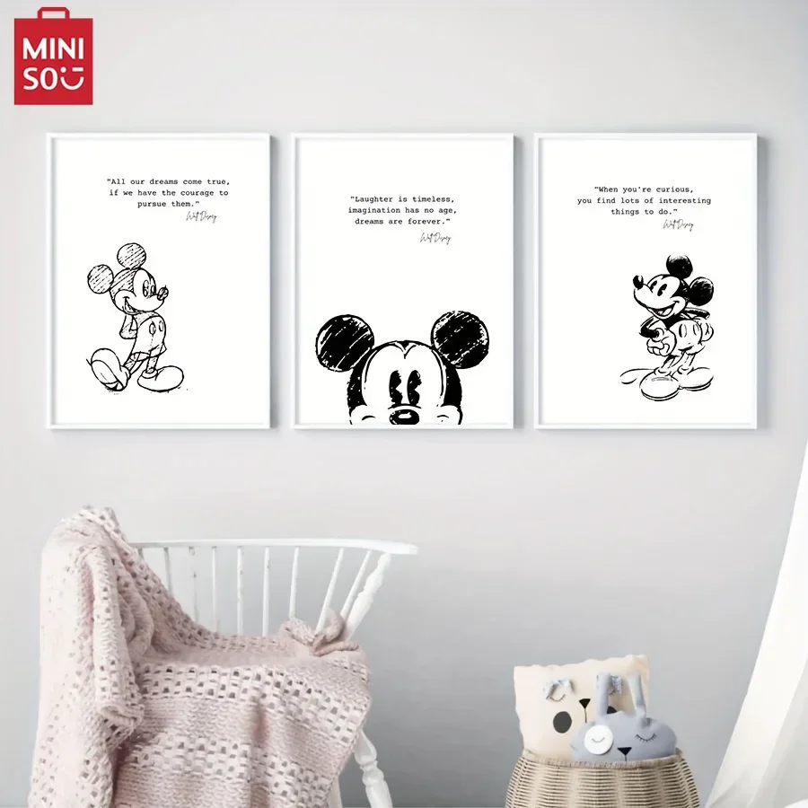 

MINISO Mickey Mouse Inspirational Quote Art Prints Black and White Minimalist Poster Classic Cartoon Canvas Painting Kids Roo