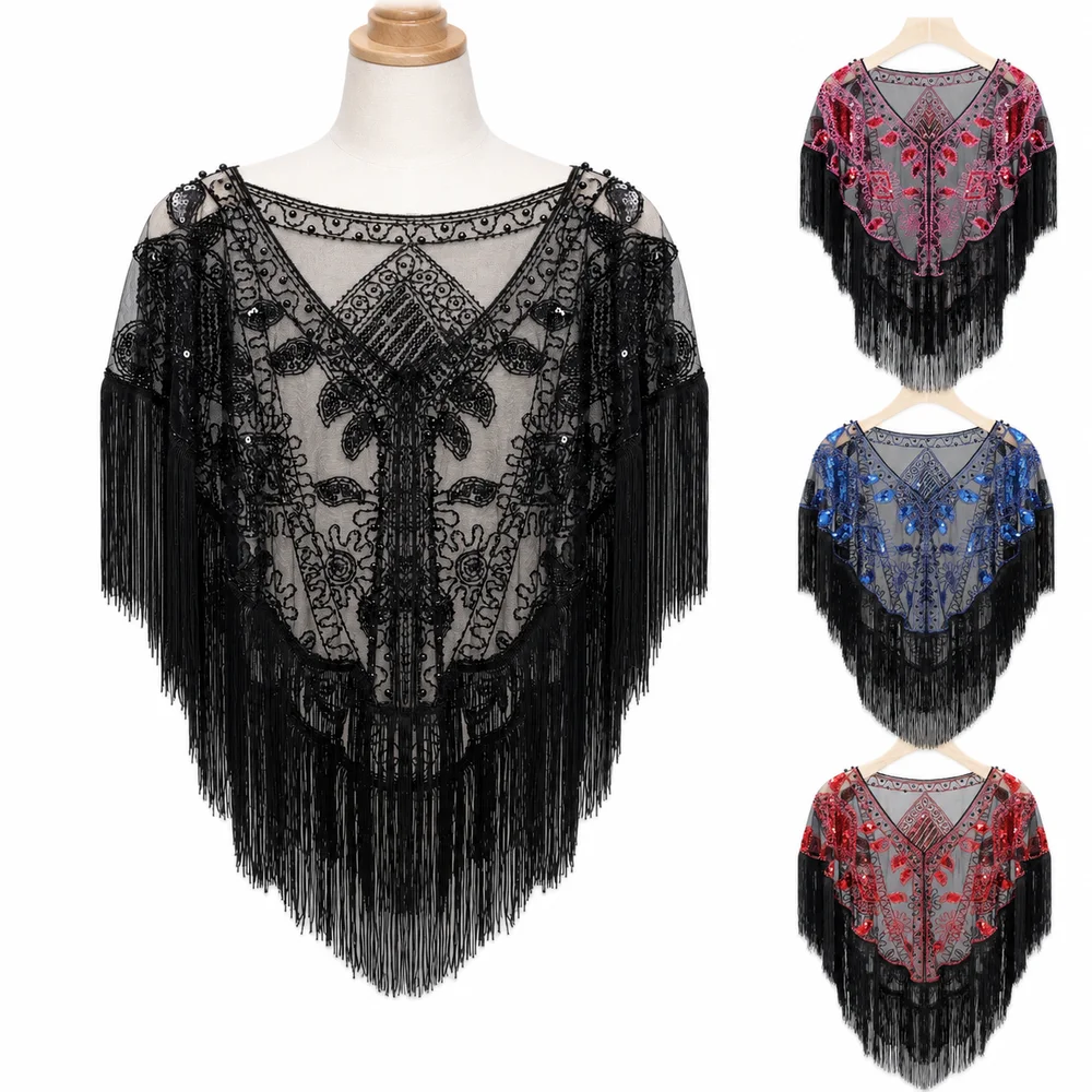 New Mesh Wrap Sequined Shawl Sheer See Through With Tassel Flapper Shawl Cloak Tulle Shawl Cape Cover Up Wedding Accessories