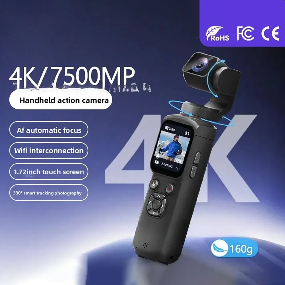 포켓 카메라 330 °   얼굴 추적 짐벌 스테빌라이저 4K 액션 카메라 1.72인치 터치 스크린 64MP 포켓 디지털 카메라 WiFi