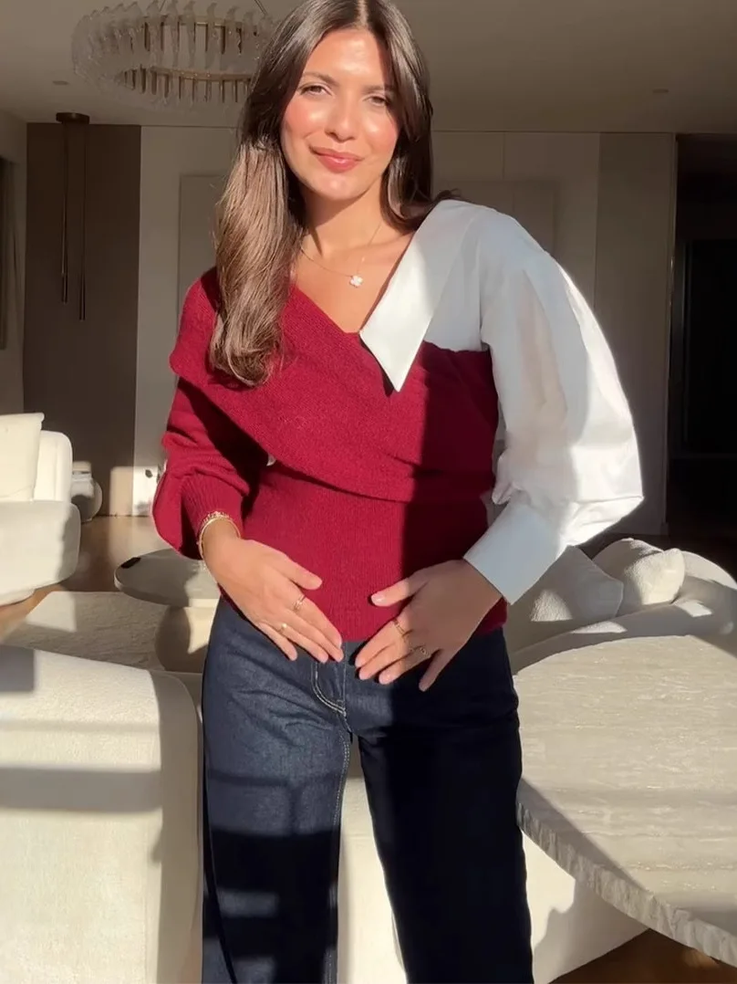 

Новинка ранней осени: вязаный свитер с длинным рукавом, цветными блоками и открытыми плечами, из высококачественного полиэфирного волокна, женская мода