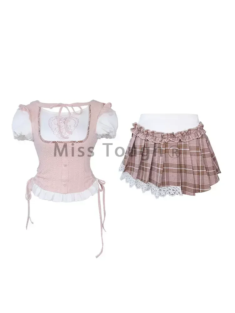 Sweet Y2k Korean Style Two Piece Set Women Preppy Style Vintage Mini Skirt Suit Female Elegant Chic Lace-up Slim Clothing Summer