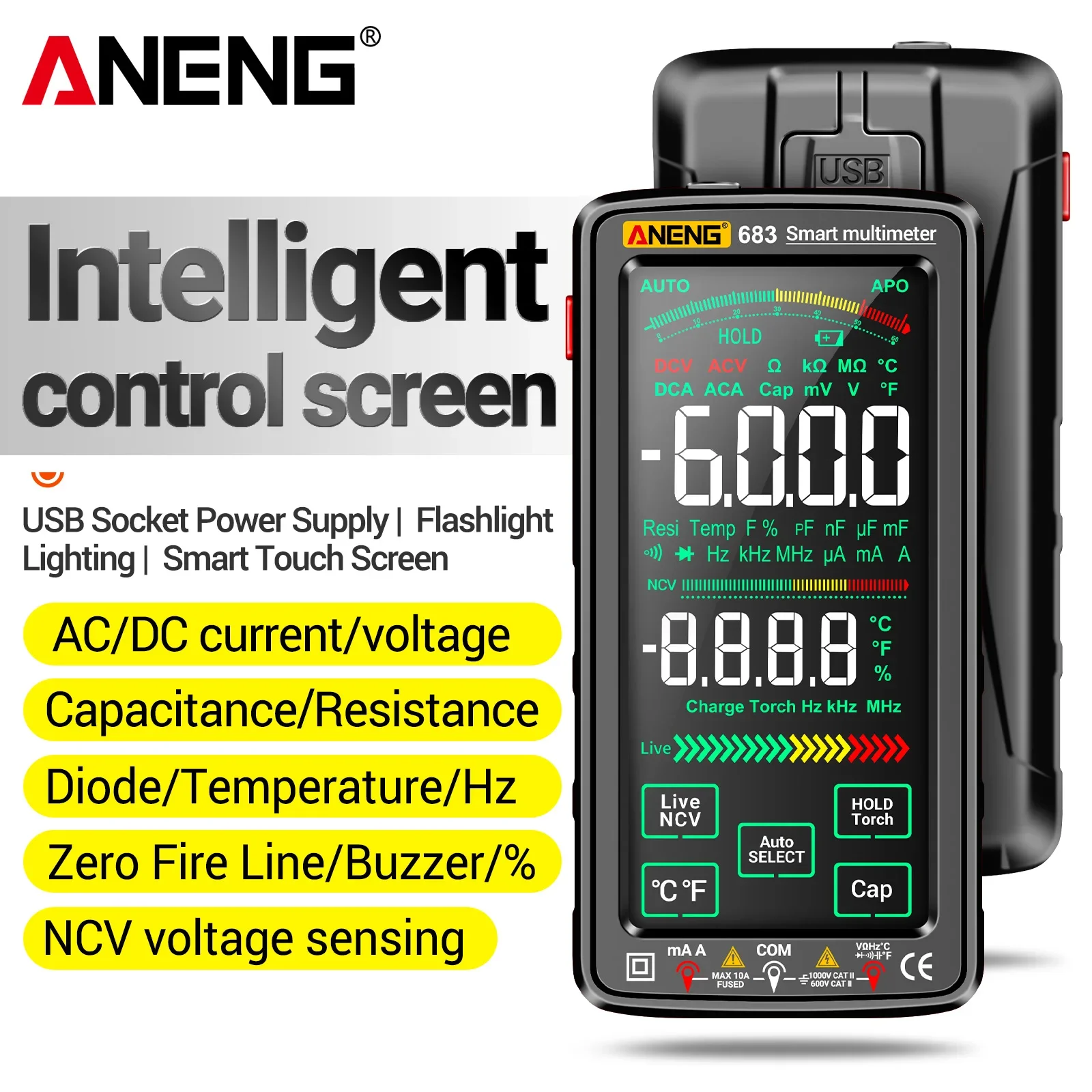 ANENG 683 Touchscreen Digital Multimeter 6000 Count VA Color Display USB Charging NCV Temperature Frequency Duty Cycle Tester