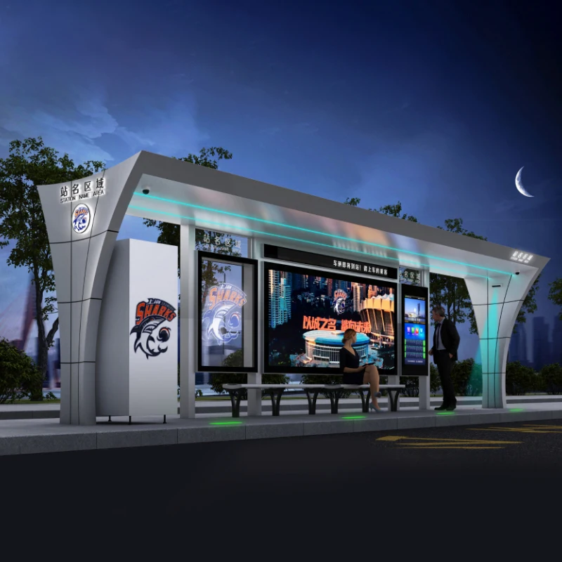 Customized High Quality Modern Smart Stainless Steel Solar Bus Station with LED/LCD Digital Signage and Advertising Light Box