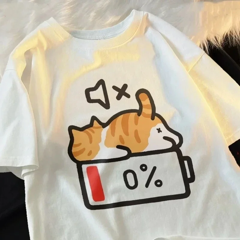 Y2k Trendy New Cute Low Battery Cat Print Round Neck Short-Sleeve T-Shirt Summer Hot Sale Woman Men Clothes Funny Tops Tee
