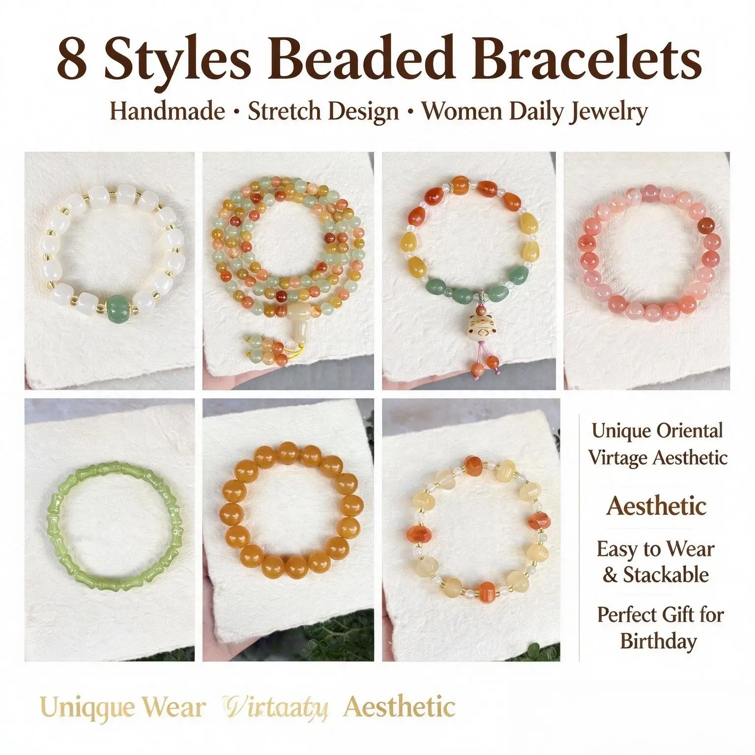 Natural Stone Beaded Bracelet for Women Handmade Boho Crystal Stackable Wrist Jewelry Multiple Styles Aesthetic Gift for Her