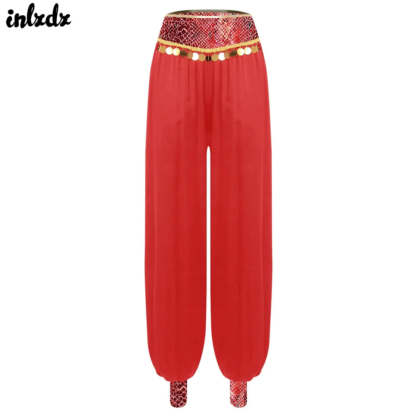 

Womens Arabian Princess Costume Spliced Sequin Shiny Harem Pants Trousers Indian Fairy Tale Ethnic Dance Bellywood Costume