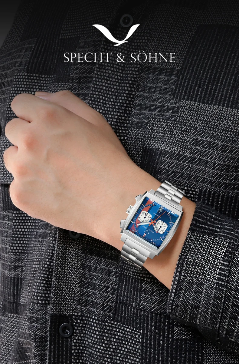 Specht & Sohne New Classic Men's Quartz Watch Blue Color Stainless Steel Japan VK63 Movt Genuine Leather Montre Homme 39MM
