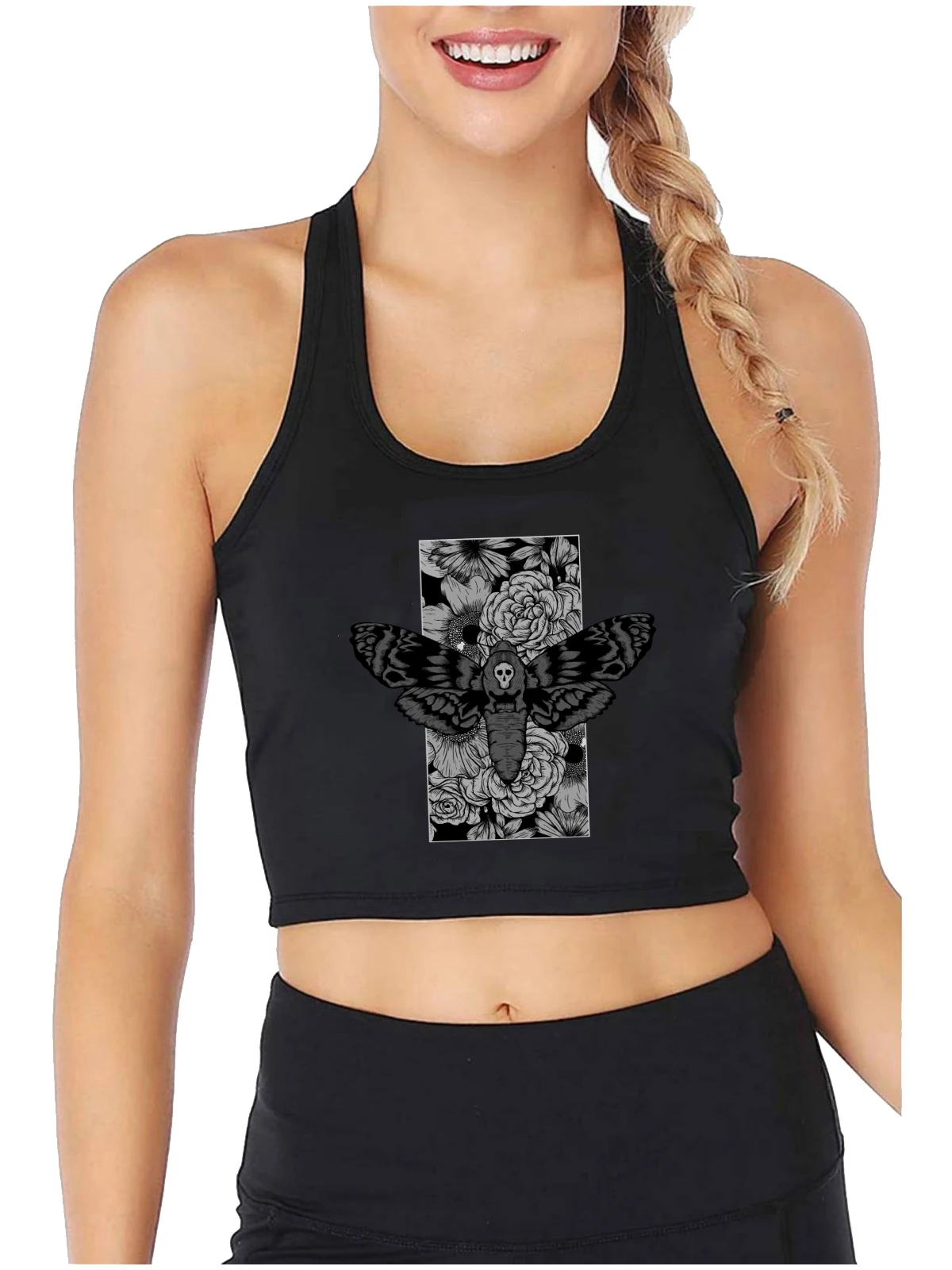 Death Moth Graphics Cotton Sexy Slim Fit Crop Top Girl's Anime Emo Gothic Tank Tops Street Fashion Dry-leaf Butterfly Camisole