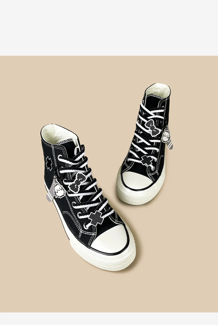 Amy und Michael: Süße High-Top-Sneaker aus schwarzem Canvas für Mädchen – Niedliche, lässige Anime-Schuhe, bezaubernde vulkanisierte Damenschuhe – Detail 12