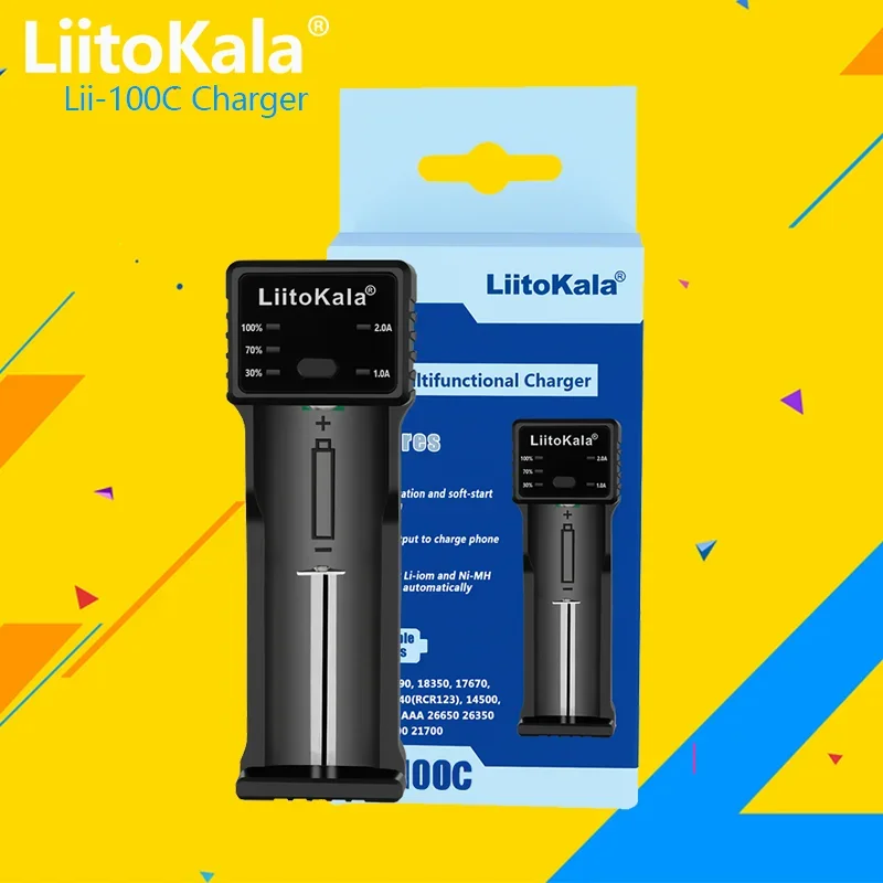 

LiitoKala lii-100C 1 Slot 18650 21700 26650 Battery Charger 2A LED Smart Quick Charging USB Rechargeable Lithium