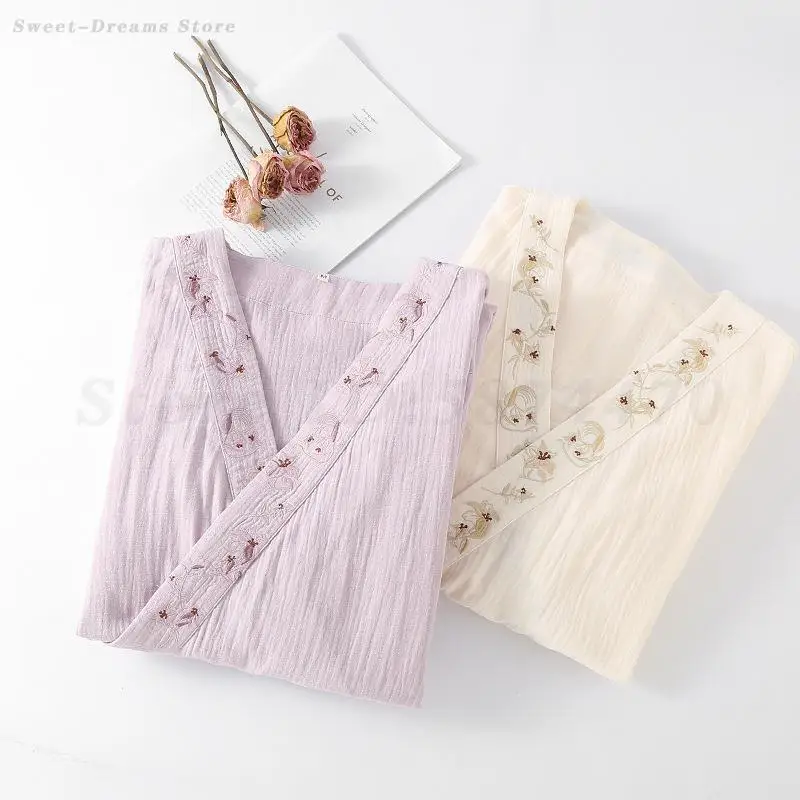Women Cotton Nightgown Robe Retro Embroidery Kimono Cardigan Gown Sexy V-Neck Bathrobe Negligee Loungewear Soft Loose Homewear