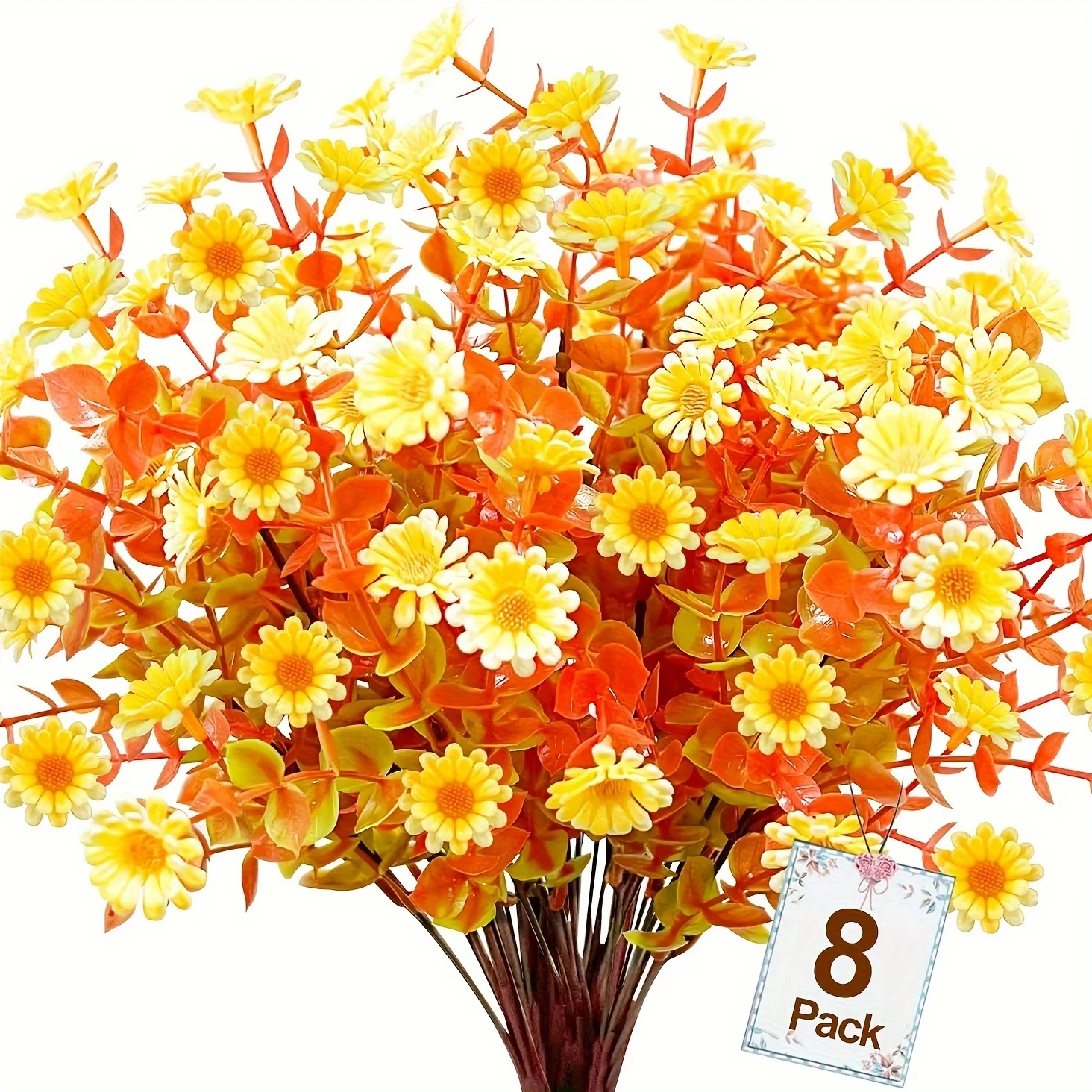 8pcs, 14.9IN Fall Flowers Artificial Daisy Outdoor Fake Mums Flowers UV Resistant Silk Wild Flower Bouquets Bulk Faux Plants For