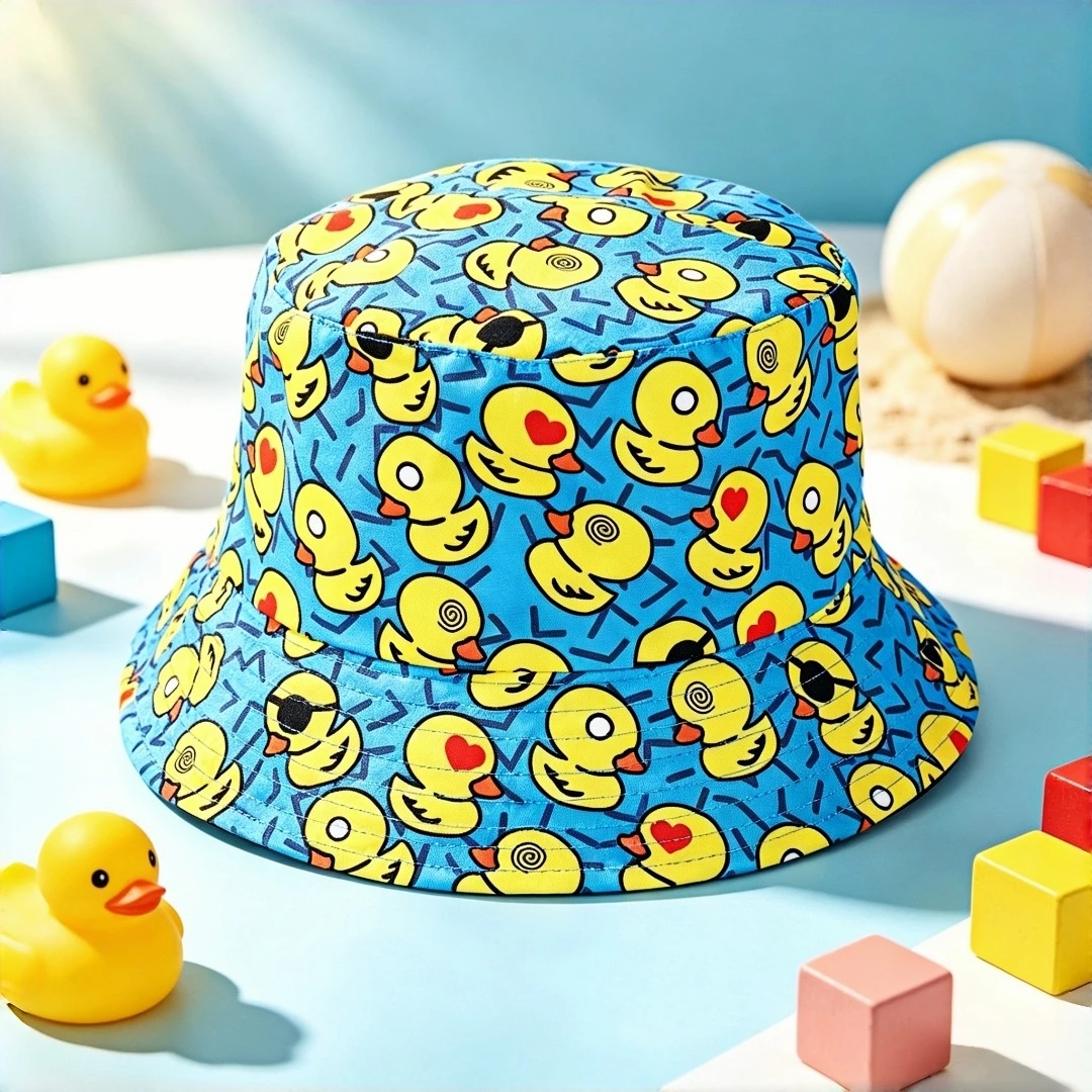 Blue background cute heart yellow duck all-print bucket hat cartoon animal wide-brimmed fisherman hat summer beach vacation sun