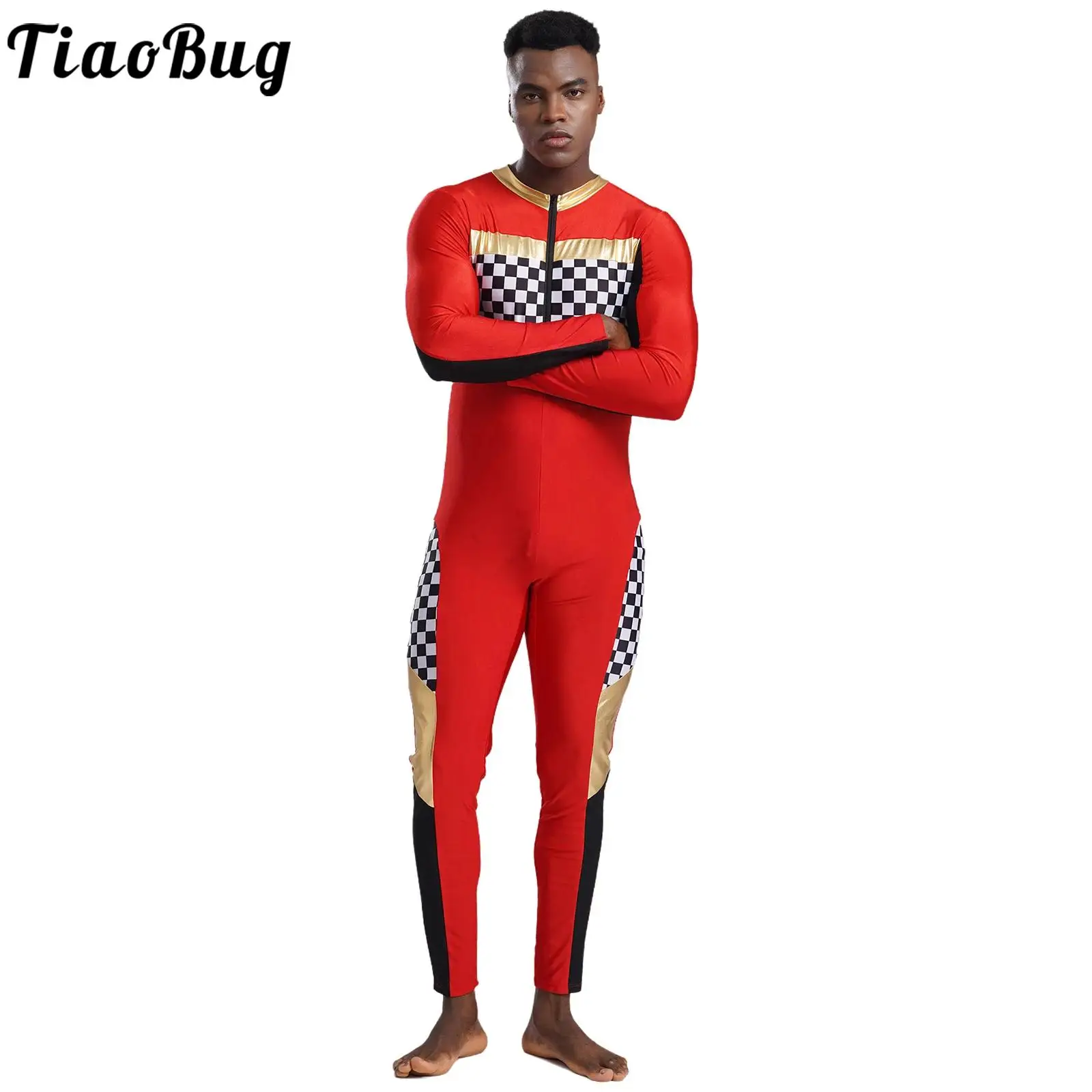 Mens Checkerboard Car Racing Driving Cheerleading Jumpsuit Long Sleeve Long Pants Plaid Rompers Racer Driver Cosplay Bodysuit