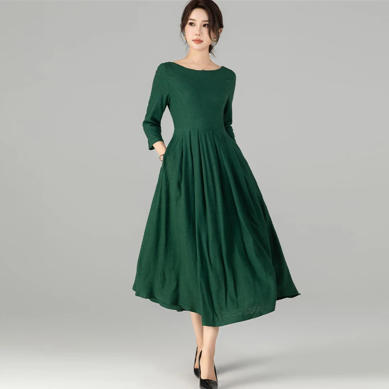 

Green Linen Midi Dress for Women, Swing Pleated Linen Dress, Minimalist Long Dress, Flowy Conservative Maxi Dress