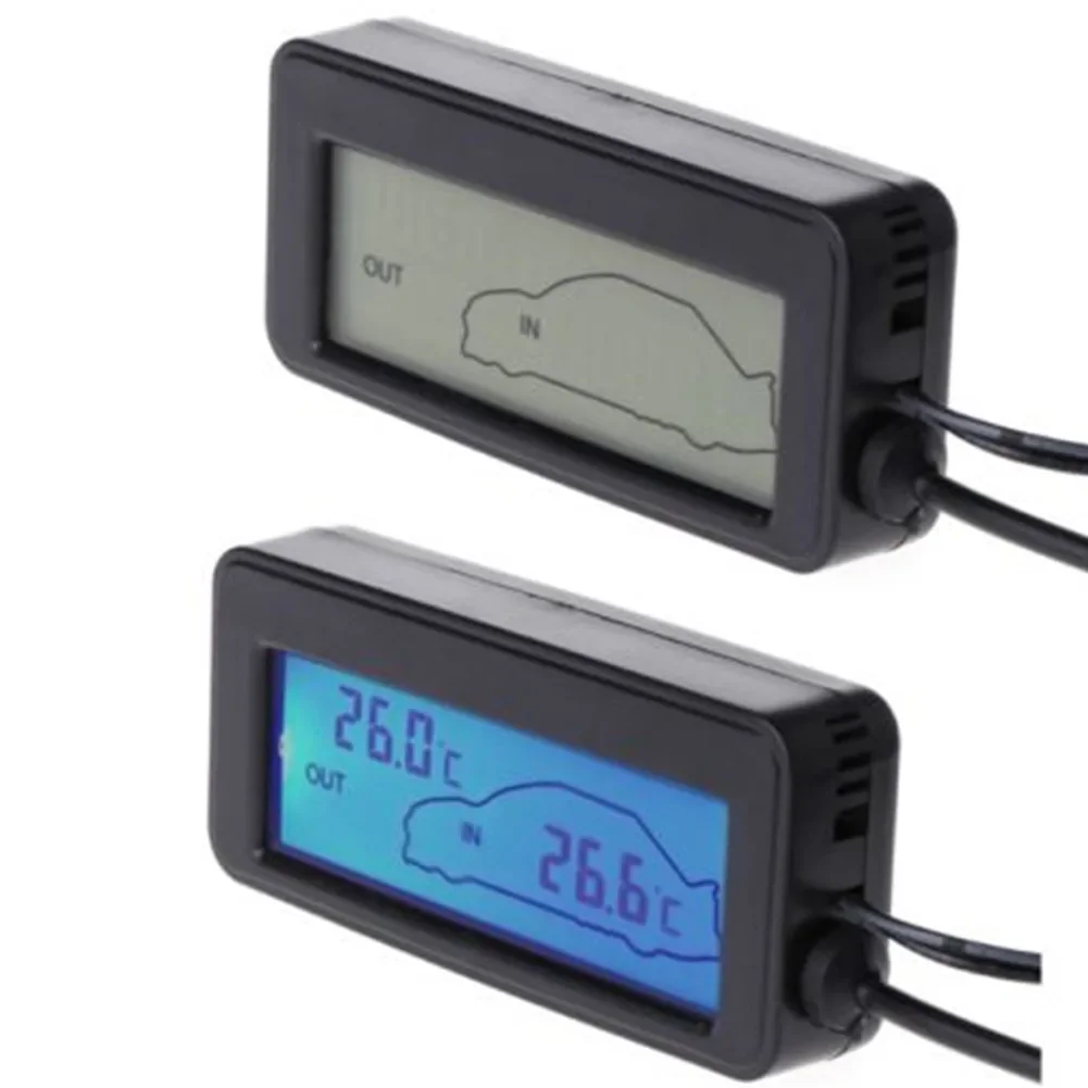 Essential 12V Car LCD Digital Display Thermometer, Inside & Outside Temperature Gauge Meter, Black Shell Design