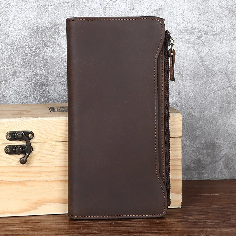 

YH3108 Crazy Horse Leather Long Wallet, Genuine Leather Buckle, Top Layer Cowhide, Retro Business Wallet