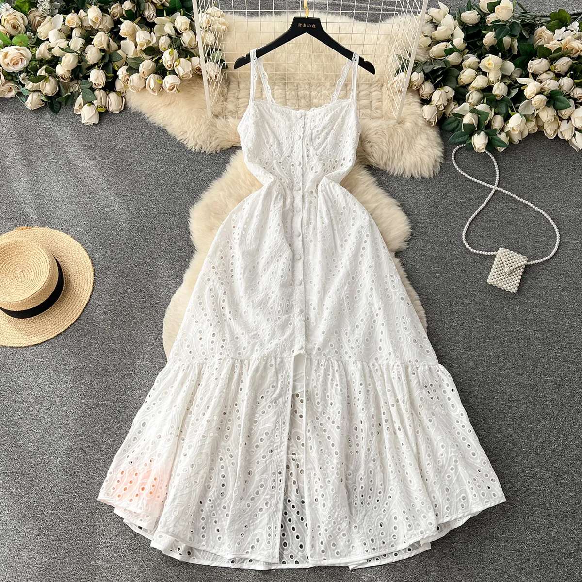 

Cutwork Embroidery Dress Summer Clothes For Women 2023 Spaghetti Strap Midi Dress Sleeveless Ruffle Hem Beach Vacation Dress