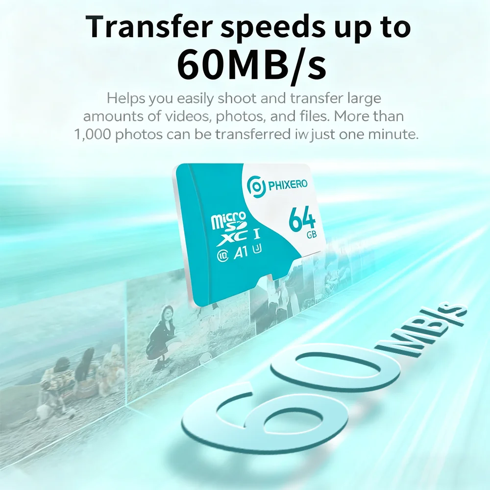 بطاقة PHIXERO Micro SDXC، A1، V30، UHS-I، U3، فئة 10 سرعة تصل إلى 60 ميجابايت/ثانية 16 جيجابايت 64 جيجابايت للكاميرا/الطائرة بدون طيار/كاميرا داش كام/وحدة تحكم الألعاب