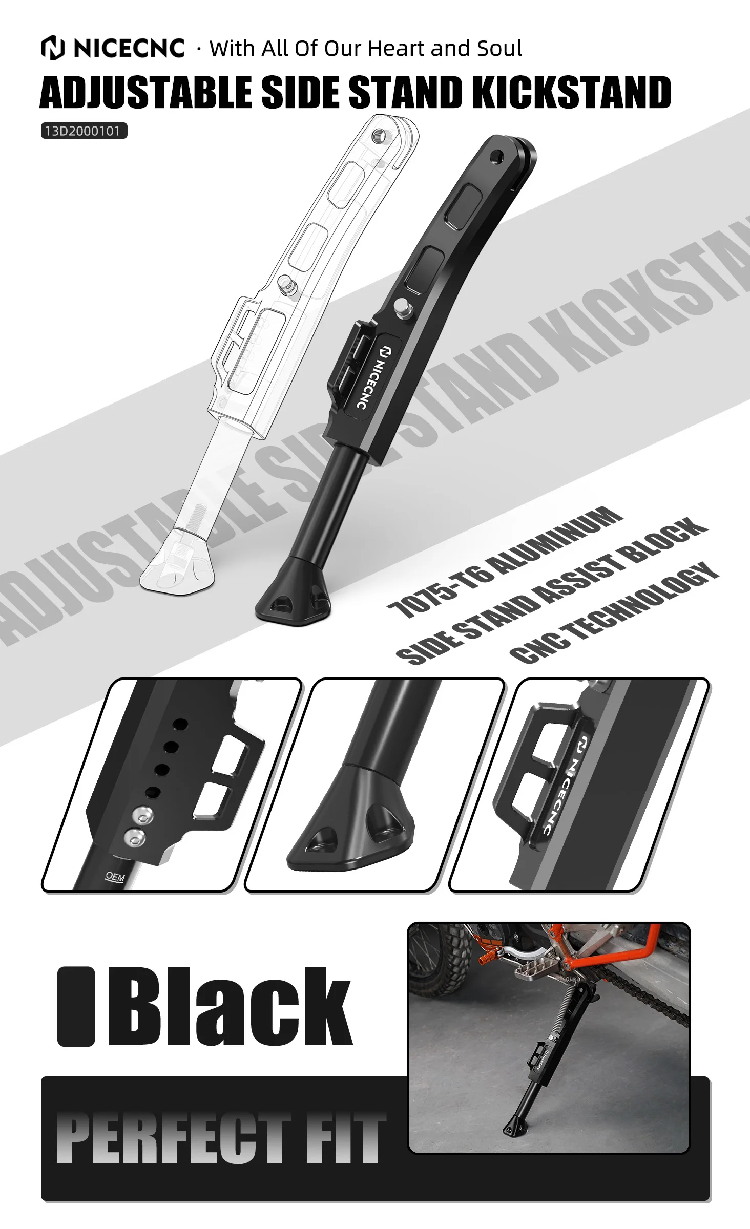 Für KTM 690 Enduro/R SMC/R 2008–2024, verstellbarer Ständer, Park-Seitenständer für Husqvarna 701 Enduro/Supermoto GasGas 700 ES/SM – Detail 1