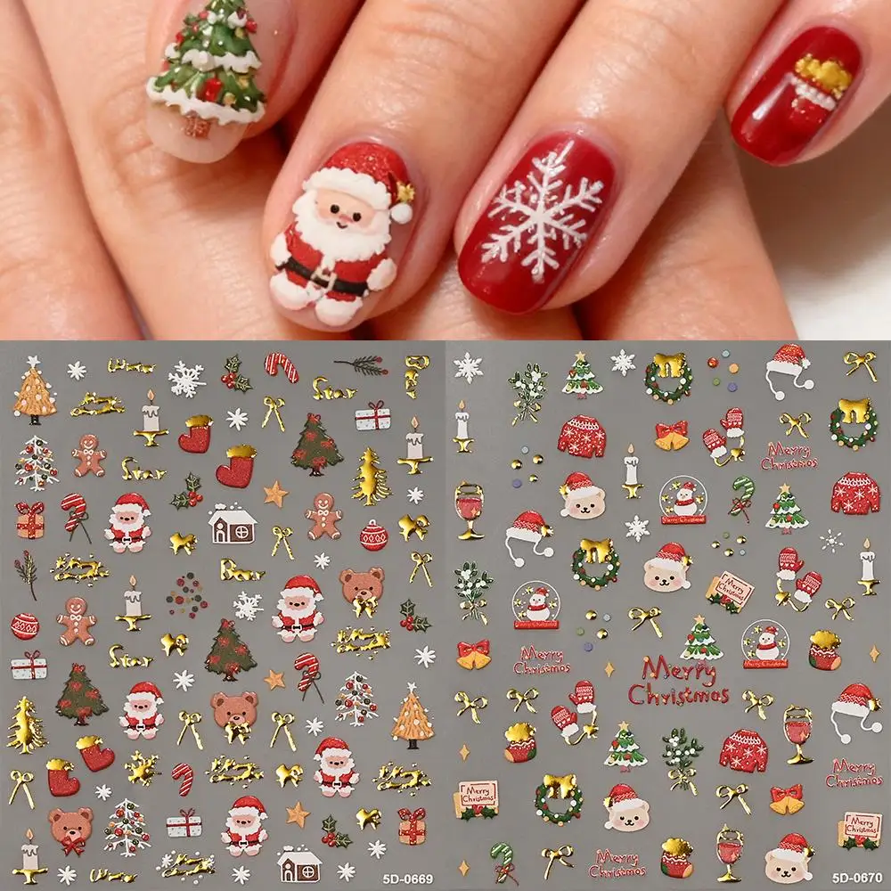 2 قطعة 5D تنقش عيد الميلاد مسمار ملصقات الشتاء الثلج كريستال الكرة سانتا كلوز مسمار مائي عيد الميلاد ذاتية اللصق مانيكير المنزلق