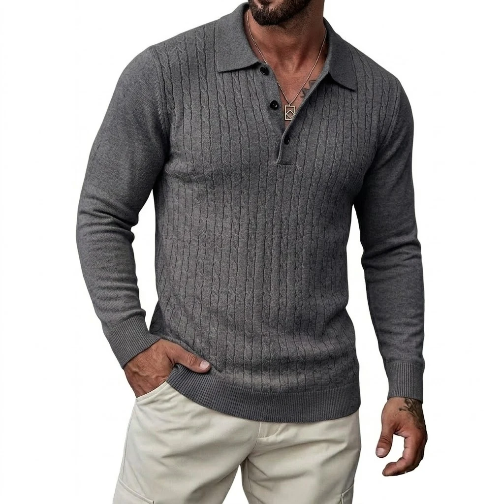 Autumn Mens Casual Long Sleeve Button Down Sweaters Breathable Solid Color Winter Cable Work Polo Shirts Knit Pullover Jumpers