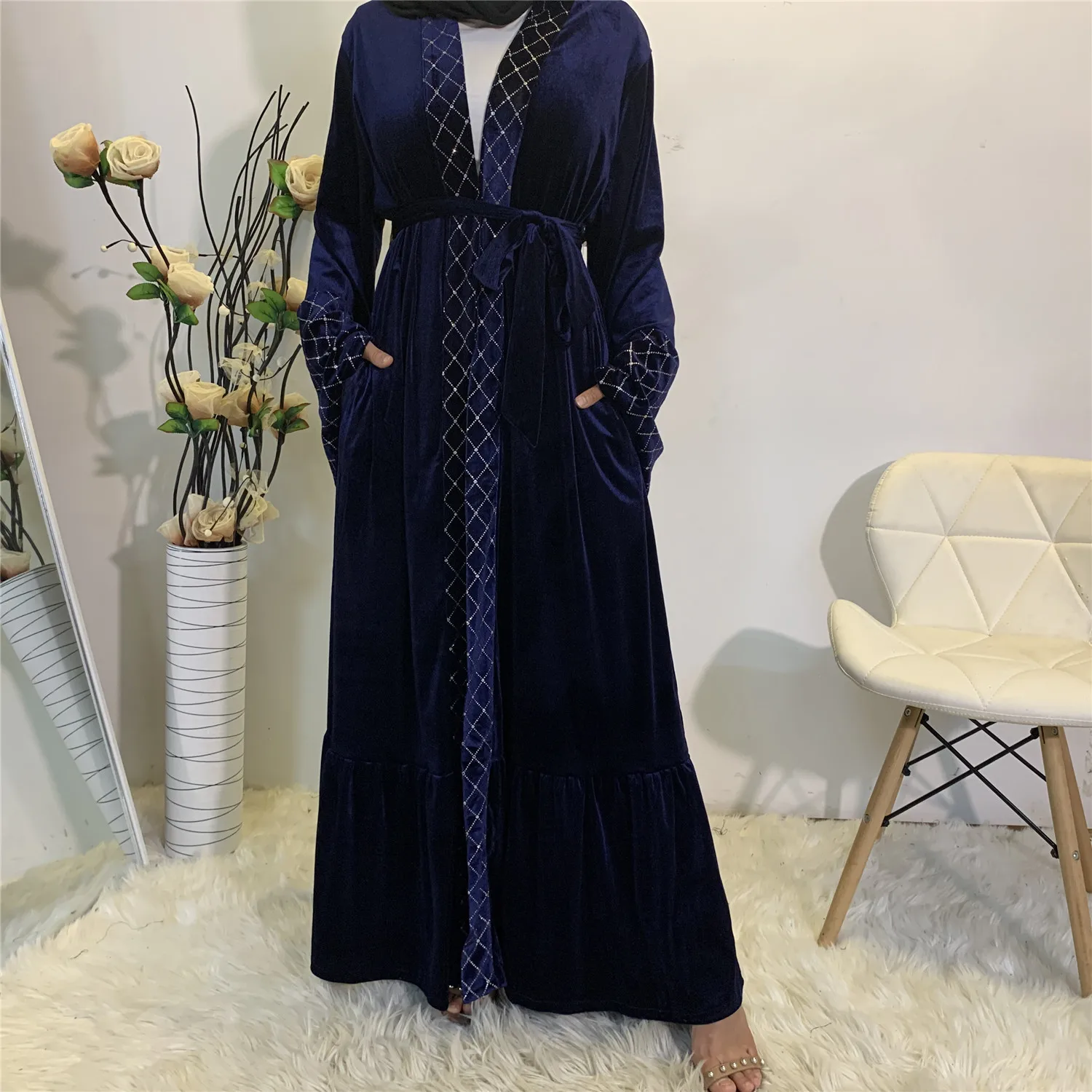 Middle East Kaftan Moroccan Jilbab, Saudi, New Fashion, Autumn and Winter Kimono, Gold Velvet, Hot Stamped Muslim Cardigan Robe