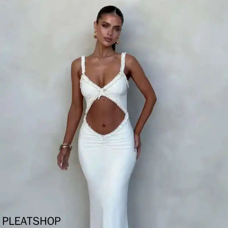 Sexy Abend-Club-Party-Kleider für Damen, 2022, Sommer, ärmellos, rückenfrei, aushöhlen, Maxi-langes Kleid, elegante, figurbetonte weiße Robe