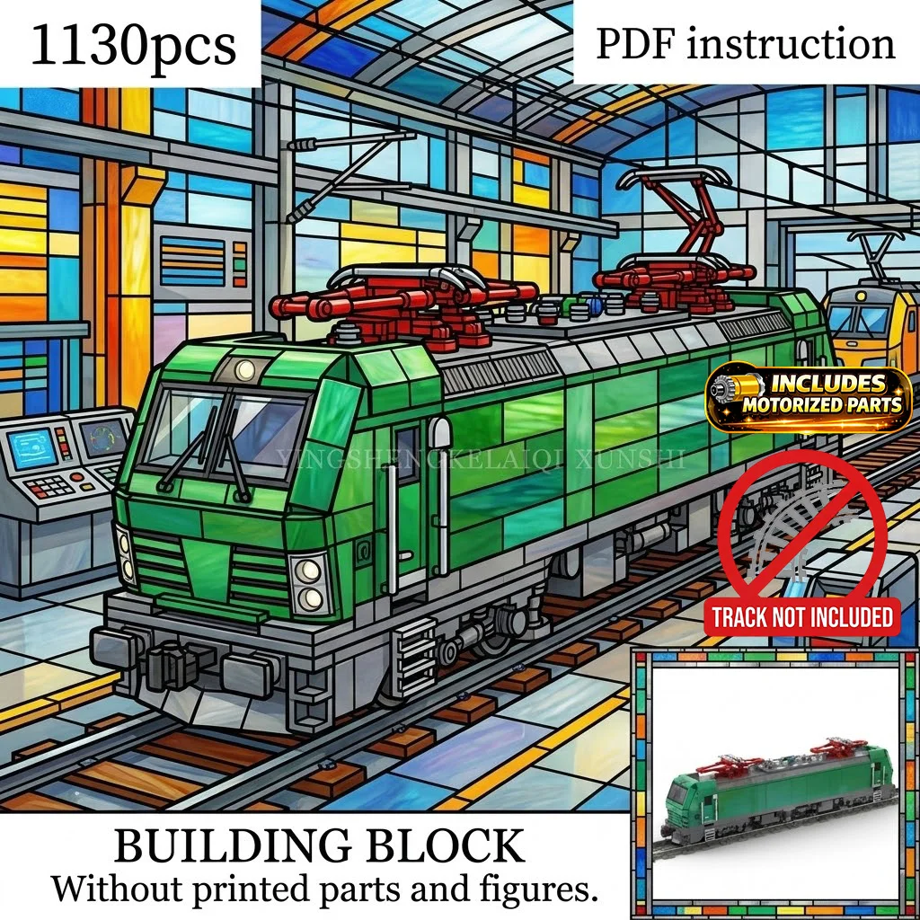 

High-Speed Railway Engine Motorized Green Electric Locomotive Dual Pantographs MOC Block Model