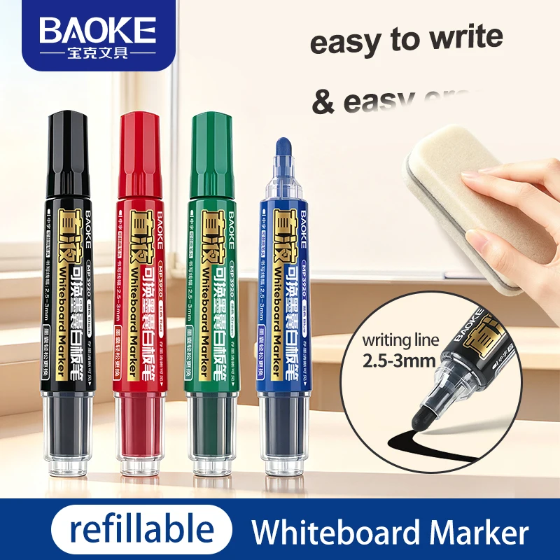 BAOKE Refillable Whiteboard Marker Replaceable Nib 4 Color Straight Liquid Ink for Office School Business Multi Surfaces Writing