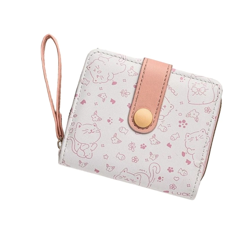573B Cartoon Cats Pattern Compact Purse with Wristlet Multi Card Pockets
