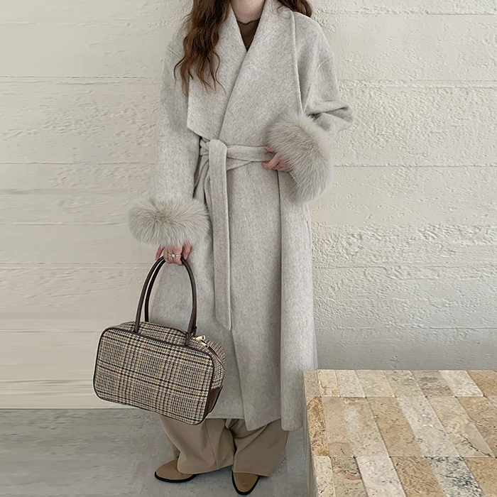 2025 Autumn/Winter Detachable Fox Fur Women Wool Coat Double Sided 70% Wool Cashmere Coat for Women Turn Down Collar Jacket