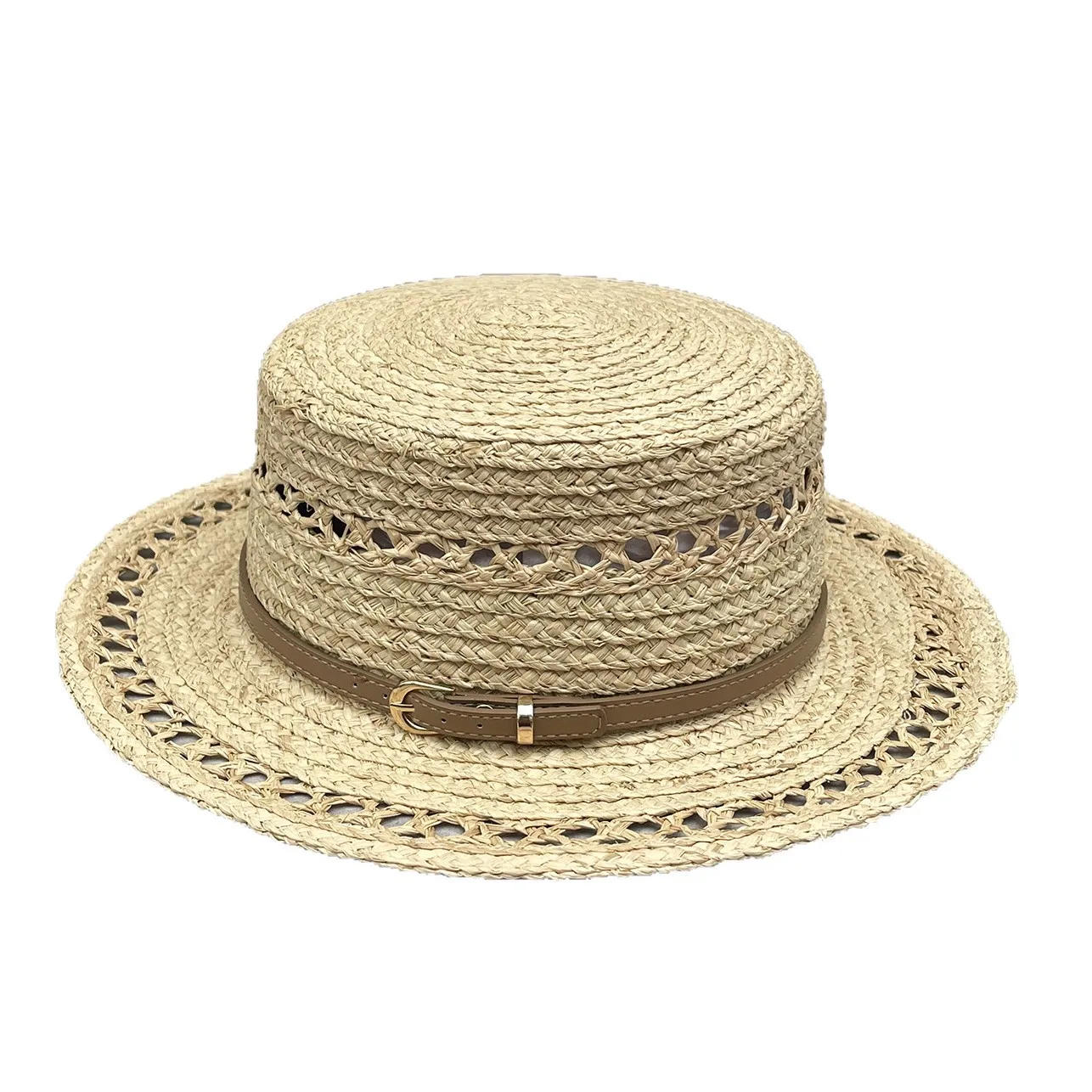 french-elegant-raffia-straw-hat-hollow-out-belt-flat-top-woven-cap-women-summer-sun-protection-vacation-beach-formal-hat